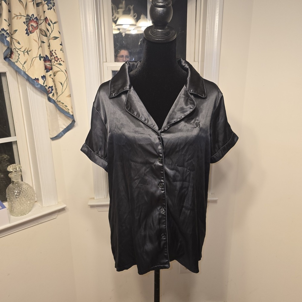 Born Black Satin Pajama Top Short Sleeve Collared Button Down Sleep Shirt L